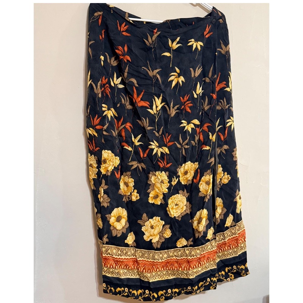 VTG Abria Women's Size 16 Floral Print Midi Wrap Skirt‎  Border Boho Beach